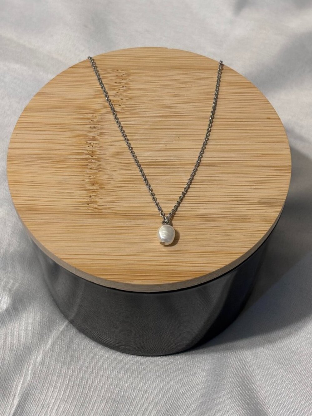 Silver Tone Baroque Pearl Pendant Necklace Adjustable Chain Crystal Accent